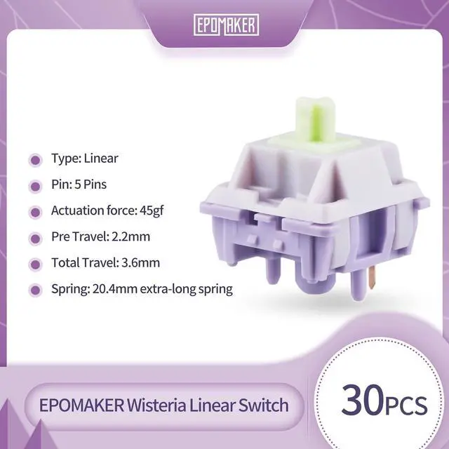Alt view image 2 of 7 - EPOMAKER Wisteria 39gf Linear Mechanical Keyboard Switches, 5-Pin Pre Lubed Creamy Switch, 30 PCS, with POM PTFE Stem, 20.4mm Spring, Compatible with MX Keycaps for Gaming Keyboard