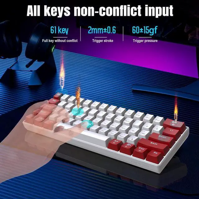 Alt view image 7 of 7 - Snpurdiri Wired 60% Mechanical Gaming Keyboard, White LED Backlit Ultra-Compact Mini Office Keyboard for Windows Laptop PC Mac (Red-White, Red Switches)
