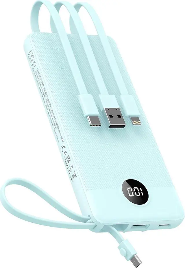 Main image of VEEKTOMX Portable Charger with Built-in Cables, Slim 10000mAh Power Bank for iPhone, USB C Battery Bank Fast Charging, Travel Essential Battery Pack Power Bank for iPhone 15/14, Samsung, Android, etc