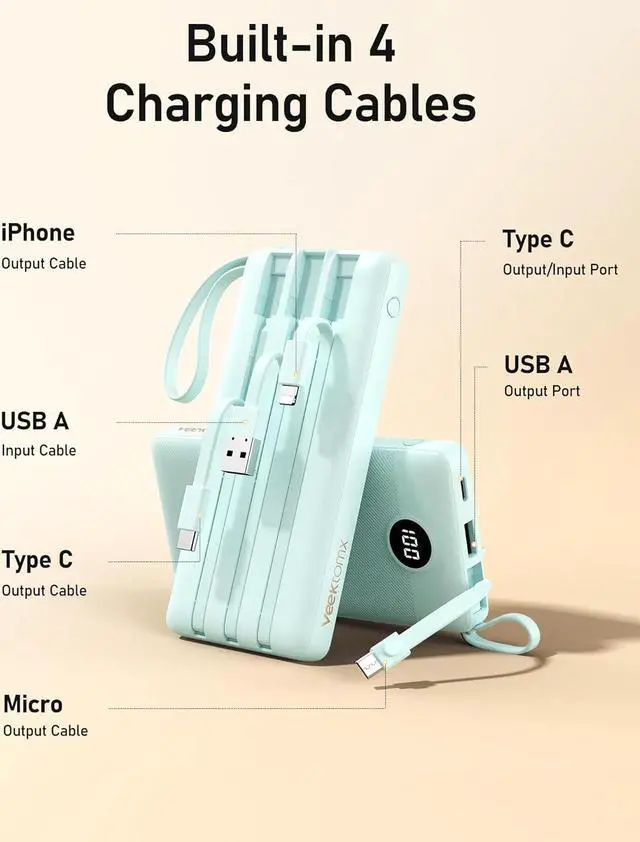 Alt view image 3 of 7 - VEEKTOMX Portable Charger with Built-in Cables, Slim 10000mAh Power Bank for iPhone, USB C Battery Bank Fast Charging, Travel Essential Battery Pack Power Bank for iPhone 15/14, Samsung, Android, etc