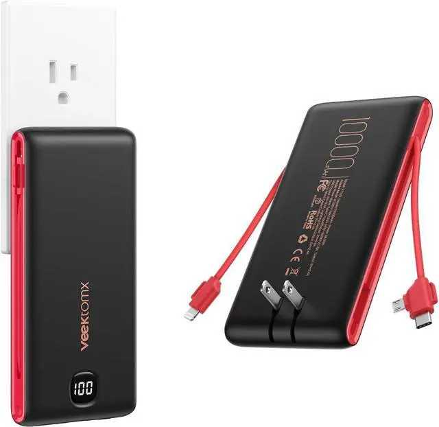 Main image of VEEKTOMX Portable Charger with Built in Cables 10000mAh, Power Bank for iPhone with AC Wall Plug, Fast Charging USB C Slim Battery Pack with LED Display Compatible with iPhone15/14/13, Samsung