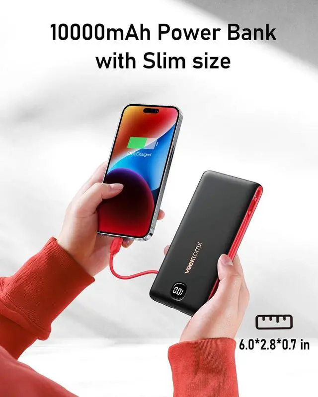 Alt view image 7 of 7 - VEEKTOMX Portable Charger with Built in Cables 10000mAh, Power Bank for iPhone with AC Wall Plug, Fast Charging USB C Slim Battery Pack with LED Display Compatible with iPhone15/14/13, Samsung