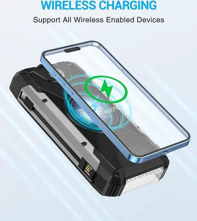 Alt view image 3 of 7 - Solar Charger 38600mAh,Solar Power Bank Wireless Portable Charger Built in 3 Cables External Battery Pack Waterproof with 4 Outputs 2 Inputs USB C 15 W 5V/3A Battery Bank with Camping Light Compass