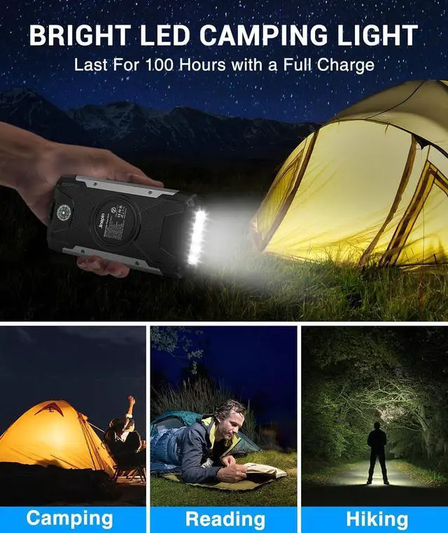 Alt view image 5 of 7 - Solar Charger 38600mAh,Solar Power Bank Wireless Portable Charger Built in 3 Cables External Battery Pack Waterproof with 4 Outputs 2 Inputs USB C 15 W 5V/3A Battery Bank with Camping Light Compass