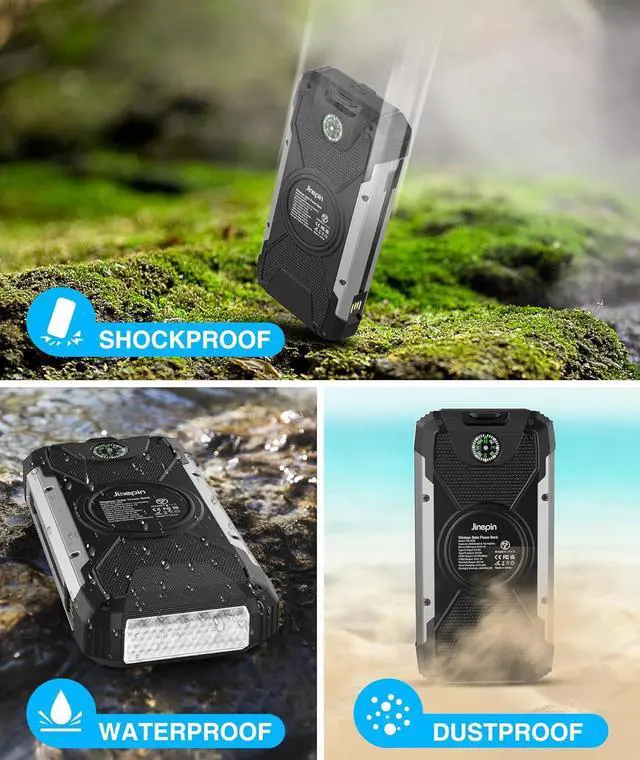 Alt view image 6 of 7 - Solar Charger 38600mAh,Solar Power Bank Wireless Portable Charger Built in 3 Cables External Battery Pack Waterproof with 4 Outputs 2 Inputs USB C 15 W 5V/3A Battery Bank with Camping Light Compass