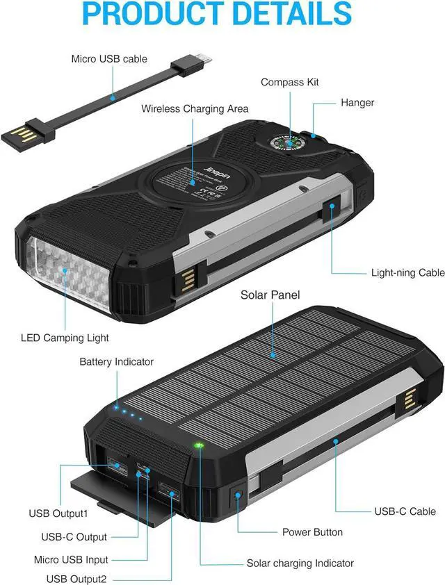 Alt view image 7 of 7 - Solar Charger 38600mAh,Solar Power Bank Wireless Portable Charger Built in 3 Cables External Battery Pack Waterproof with 4 Outputs 2 Inputs USB C 15 W 5V/3A Battery Bank with Camping Light Compass