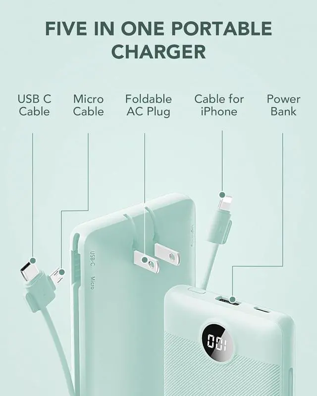 Alt view image 3 of 7 - Portable Charger Built-in Cables and AC Wall Plug USB C Power Bank 10000mAh Travel Battery Portable Phone Charger Compact Lightweight External Battery Pack for Smart Phones Tablets etc-Green