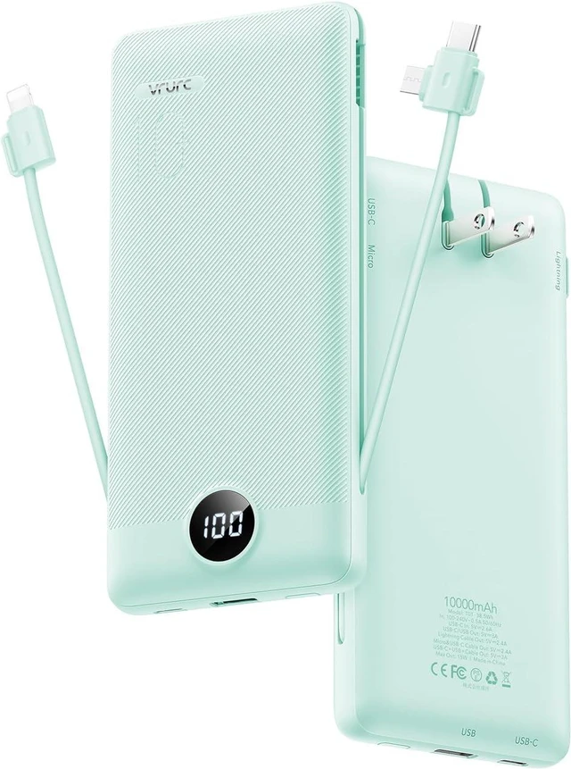 Main image of VRURC Portable Charger Built-in Cables and AC Wall Plug, USB C Power Bank 10000mAh, Travel Battery Portable Phone Charger Compact Lightweight External Battery Pack for Smart Phones, Tablets etc-Green