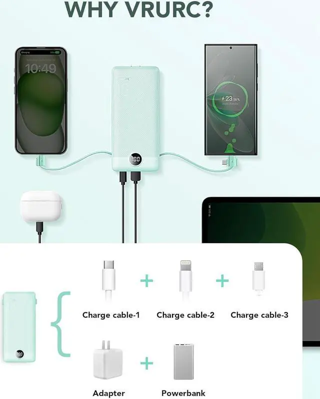 Alt view image 4 of 7 - Portable Charger Built-in Cables and AC Wall Plug USB C Power Bank 10000mAh Travel Battery Portable Phone Charger Compact Lightweight External Battery Pack for Smart Phones Tablets etc-Green