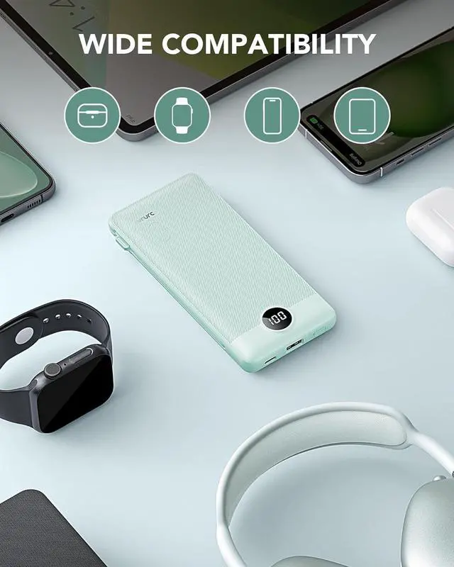Alt view image 7 of 7 - Portable Charger Built-in Cables and AC Wall Plug USB C Power Bank 10000mAh Travel Battery Portable Phone Charger Compact Lightweight External Battery Pack for Smart Phones Tablets etc-Green