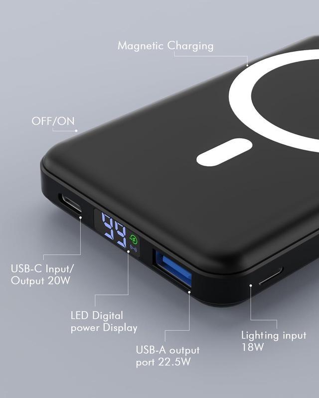 Alt view image 5 of 7 - for Magsafe Battery Pack Foldable 10000mAh Magnetic Power Bank with USB-C Cable LED Display 22.5W PD Fast Charging Wireless Portable Charger for iPhone 16/15/14/13/12 Series-Black