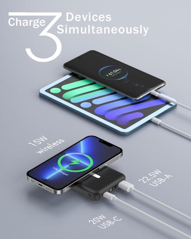 Alt view image 6 of 7 - for Magsafe Battery Pack Foldable 10000mAh Magnetic Power Bank with USB-C Cable LED Display 22.5W PD Fast Charging Wireless Portable Charger for iPhone 16/15/14/13/12 Series-Black