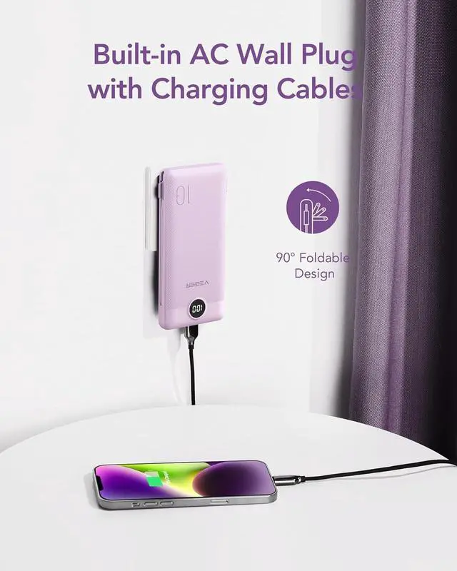 Alt view image 3 of 7 - Portable Charger for iPhone Built in Cables and Wall Plug 10000mah Slim Fast Charging USB C Power Bank Travel Essential Battery Pack Compatible with iPhones iPad  More Devices(Purple)