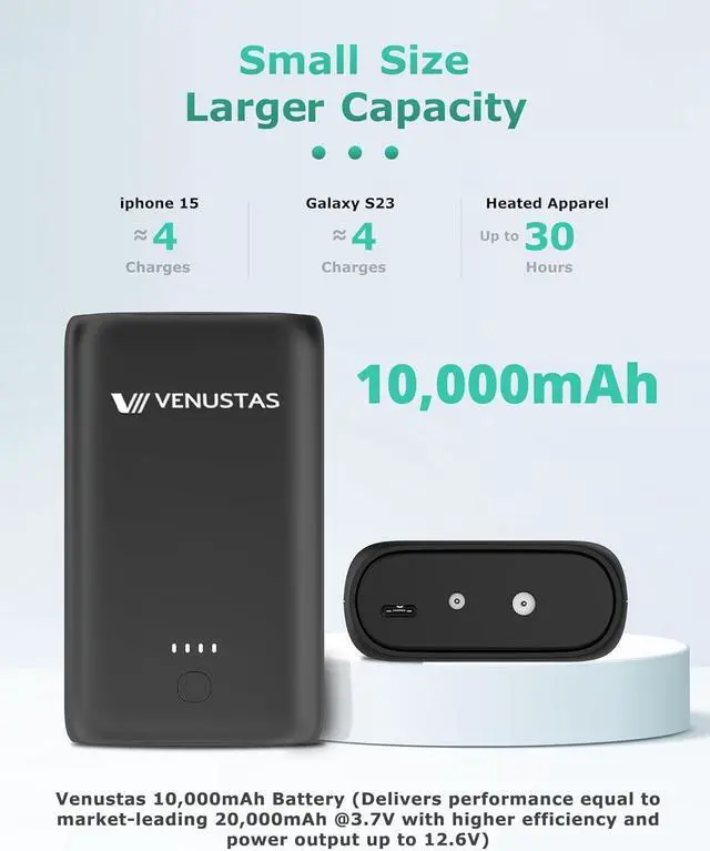 Alt view image 2 of 6 - Venustas 7.4V/12V Battery Pack for Heated Vests, Heated Jackets and Heated Hoodies, 20000mAh@3.7V(74wh) Power Bank