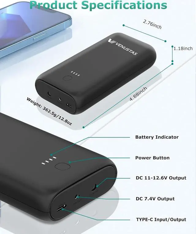 Alt view image 5 of 6 - Venustas 7.4V/12V Battery Pack for Heated Vests, Heated Jackets and Heated Hoodies, 20000mAh@3.7V(74wh) Power Bank