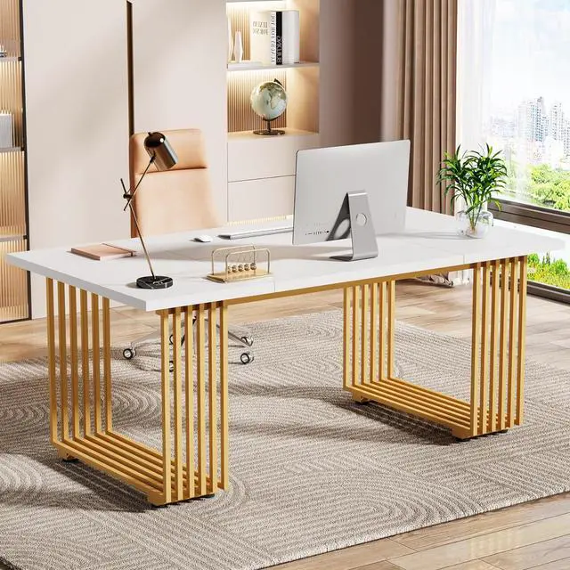 Main image of Tribesigns 70.9" Modern Office Desk, Wooden Computer Desk, White Executive Desk with Gold Metal Legs, Large Workstation for Home Office, Study Writing Desk, Small Conference Table for Meeting Room