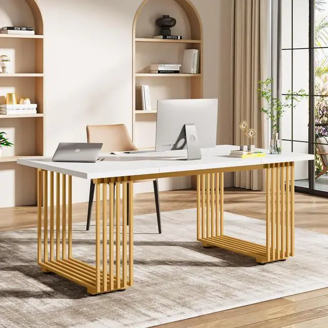 Alt view image 6 of 7 - Tribesigns 70.9" Modern Office Desk, Wooden Computer Desk, White Executive Desk with Gold Metal Legs, Large Workstation for Home Office, Study Writing Desk, Small Conference Table for Meeting Room