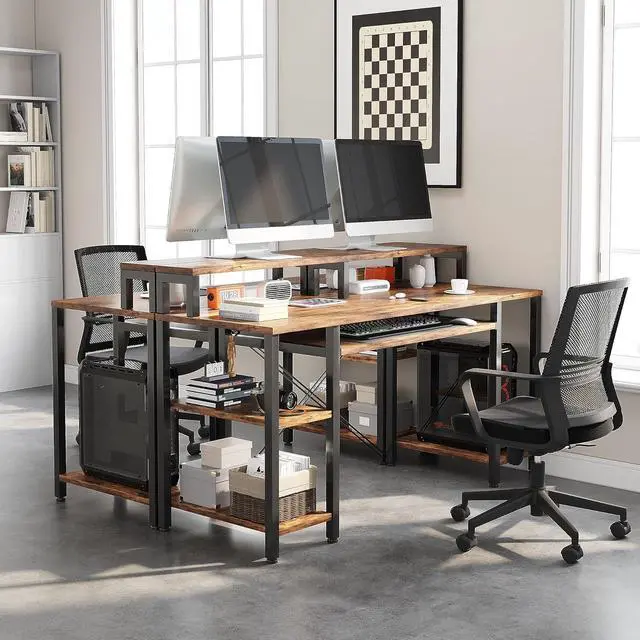 Alt view image 7 of 7 - VERMESS 48Inch Computer Desk, Home Office Desks with Keyboard Tray, Gaming Desk with CPU Stand Shelf,Industrial Study Table Wide Writing Desk with Storage Shelves for 2 Monitors, Rustic Brown