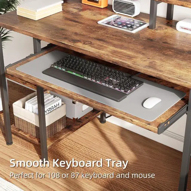 Alt view image 5 of 7 - VERMESS 48Inch Computer Desk, Home Office Desks with Keyboard Tray, Gaming Desk with CPU Stand Shelf,Industrial Study Table Wide Writing Desk with Storage Shelves for 2 Monitors, Rustic Brown
