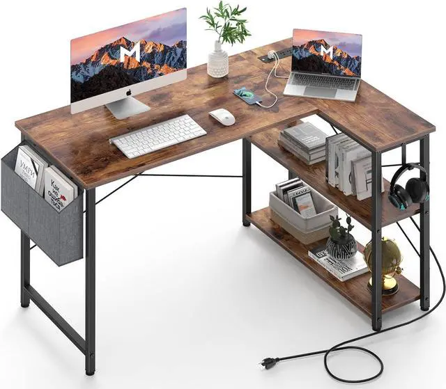 Main image of Mr IRONSTONE L Shaped Computer Desk with Power Outlet, 47 Inch Corner Office Desk for Small Spaces with Storage Shelves, Study Work Writing Table for Home Office Bedroom (Rustic Brown)