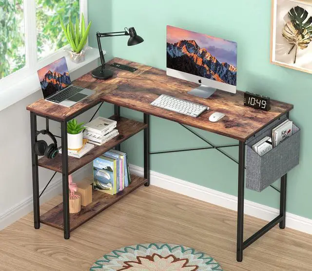 Alt view image 2 of 7 - Mr IRONSTONE L Shaped Computer Desk with Power Outlet, 47 Inch Corner Office Desk for Small Spaces with Storage Shelves, Study Work Writing Table for Home Office Bedroom (Rustic Brown)