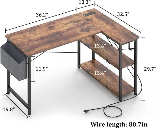 Alt view image 3 of 7 - Mr IRONSTONE L Shaped Computer Desk with Power Outlet, 47 Inch Corner Office Desk for Small Spaces with Storage Shelves, Study Work Writing Table for Home Office Bedroom (Rustic Brown)
