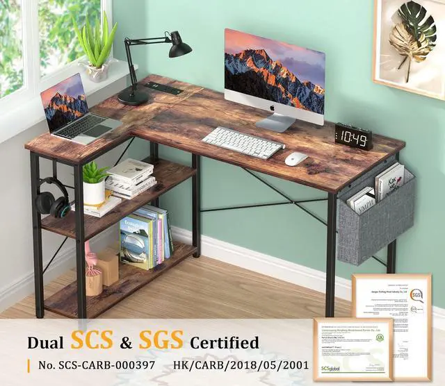 Alt view image 6 of 7 - Mr IRONSTONE L Shaped Computer Desk with Power Outlet, 47 Inch Corner Office Desk for Small Spaces with Storage Shelves, Study Work Writing Table for Home Office Bedroom (Rustic Brown)