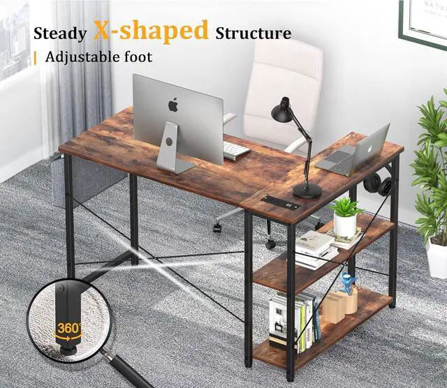 Alt view image 5 of 7 - Mr IRONSTONE L Shaped Computer Desk with Power Outlet, 47 Inch Corner Office Desk for Small Spaces with Storage Shelves, Study Work Writing Table for Home Office Bedroom (Rustic Brown)