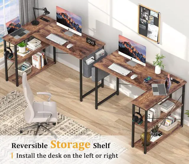 Alt view image 7 of 7 - Mr IRONSTONE L Shaped Computer Desk with Power Outlet, 47 Inch Corner Office Desk for Small Spaces with Storage Shelves, Study Work Writing Table for Home Office Bedroom (Rustic Brown)