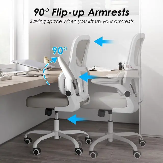 Alt view image 5 of 7 - Soohow Office Chair, Mesh Ergonomic Office Chair with Lumbar Support, Comfy Computer Desk Chair with Flip Armrest Rolling Wheels for Home Study Room Office, White & Khaki