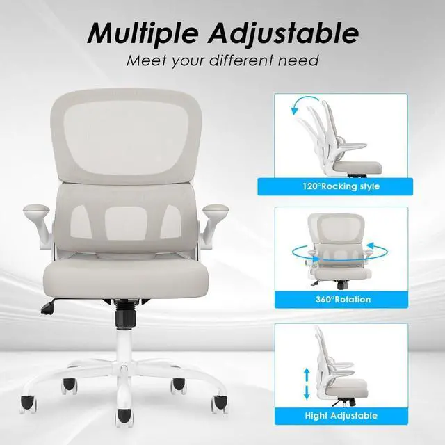 Alt view image 6 of 7 - Soohow Office Chair, Mesh Ergonomic Office Chair with Lumbar Support, Comfy Computer Desk Chair with Flip Armrest Rolling Wheels for Home Study Room Office, White & Khaki