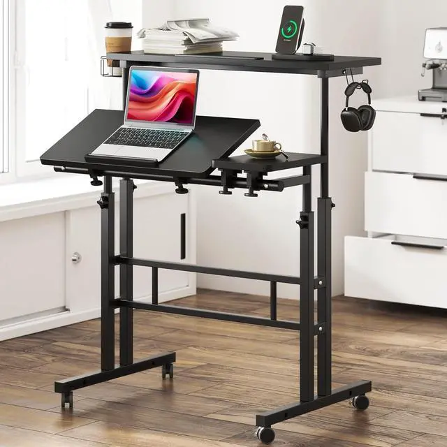 Main image of Rolling Standing Desk, Height Adjustable Home Office Desk, Mobile Sit-Stand Laptop Desk with Hook and Cup Holder, Portable Desk with Wheels, Black