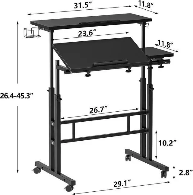 Alt view image 2 of 7 - Rolling Standing Desk, Height Adjustable Home Office Desk, Mobile Sit-Stand Laptop Desk with Hook and Cup Holder, Portable Desk with Wheels, Black