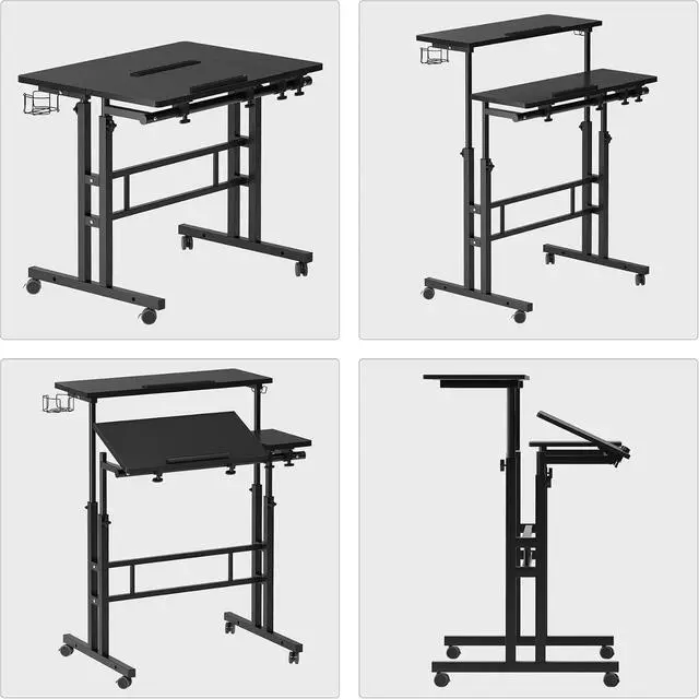 Alt view image 5 of 7 - Rolling Standing Desk, Height Adjustable Home Office Desk, Mobile Sit-Stand Laptop Desk with Hook and Cup Holder, Portable Desk with Wheels, Black