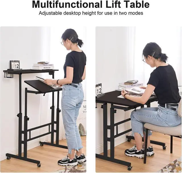 Alt view image 6 of 7 - Rolling Standing Desk, Height Adjustable Home Office Desk, Mobile Sit-Stand Laptop Desk with Hook and Cup Holder, Portable Desk with Wheels, Black