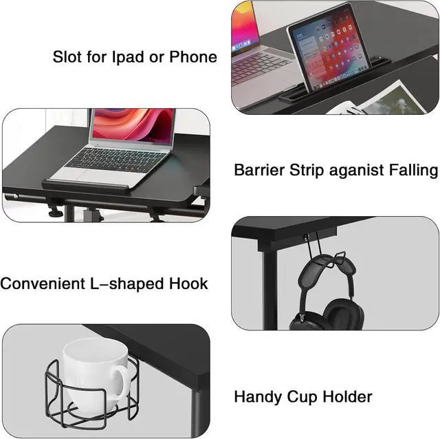 Alt view image 3 of 7 - Rolling Standing Desk, Height Adjustable Home Office Desk, Mobile Sit-Stand Laptop Desk with Hook and Cup Holder, Portable Desk with Wheels, Black