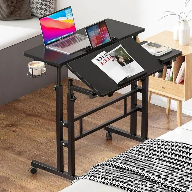 Alt view image 7 of 7 - Rolling Standing Desk, Height Adjustable Home Office Desk, Mobile Sit-Stand Laptop Desk with Hook and Cup Holder, Portable Desk with Wheels, Black