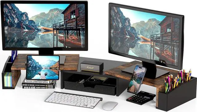 Main image of Simple Houseware Desk Dual Monitor Stand Riser with Drawer, Rustic Brown