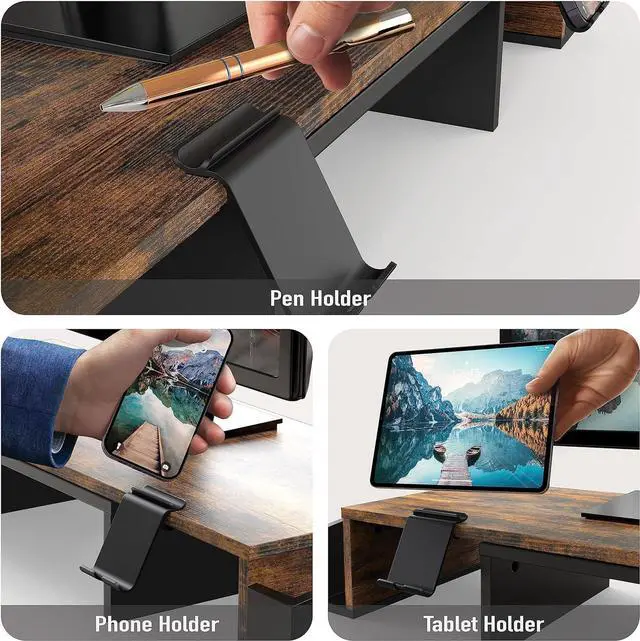Alt view image 4 of 5 - Simple Houseware Desk Dual Monitor Stand Riser with Drawer, Rustic Brown
