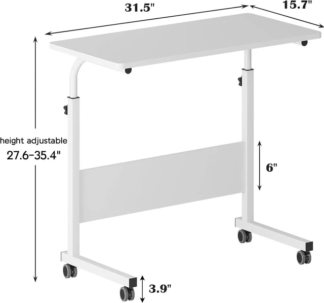 Alt view image 3 of 7 - sogesfurniture 31.5 inches Mobile Bed Table, Portable Laptop Computer Stand Desks with Wheels, Laptop Table Adjustable Height Standing Computer Desk Portable Stand, White BHUS-05-1-80WT