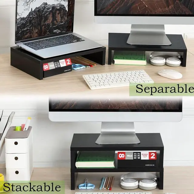 Alt view image 2 of 7 - Wood Monitor Stand Riser-2 Pack 2 Tier Adjustable Monitor Stand Dual Monitor Riser for 2 Monitors/Laptop/PC Black Computer Stand for Desk