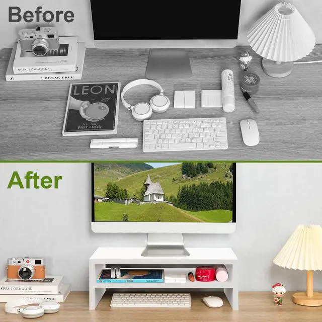 Alt view image 6 of 7 - TEAMIX Wooden Monitor Stand Riser-2 Tier White Laptop Stand for Desk, Monitor Riser for TV/Printer/Keyboard, Computer Stand with Storage Home Office Desk Shelf Organization