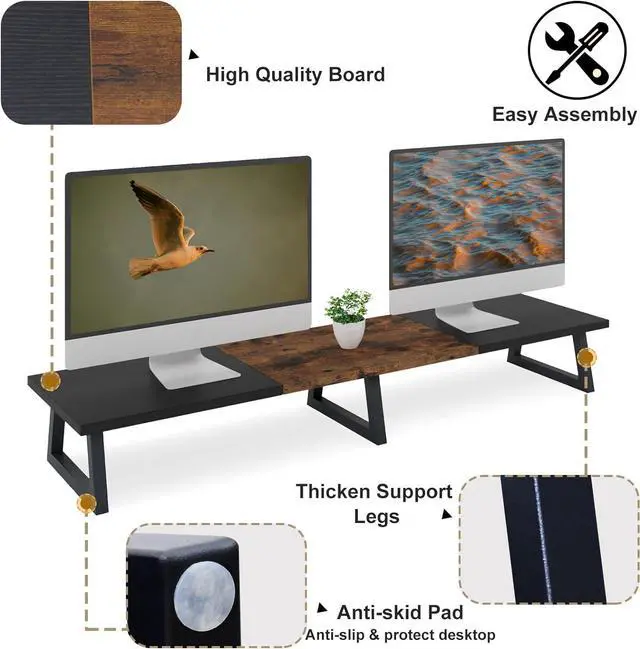 Alt view image 3 of 7 - TEAMIX 42 inch Large Dual Monitor Riser, Extra Long Monitor Stand Riser for 2 Monitors, Wood & Steel Desktop Riser Desk Organization Home Office (Black+Brown, 42 inch)