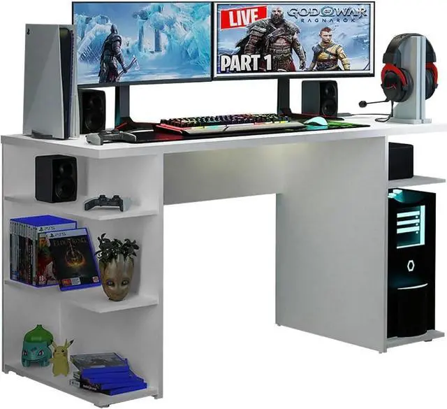 Main image of Madesa Gaming Computer Desk with 5 Shelves, Cable Management and Large Monitor Stand, Wood, 24" D x 53" W x 29" H - White