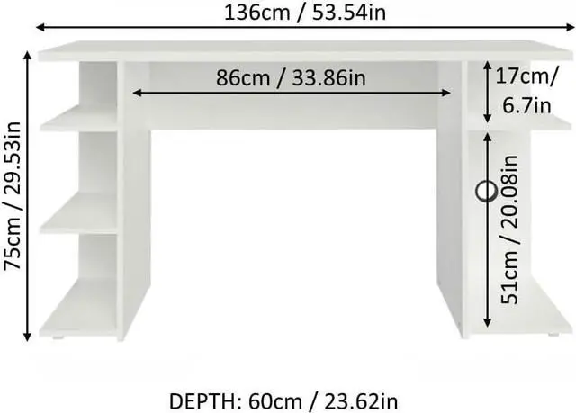 Alt view image 3 of 7 - Madesa Gaming Computer Desk with 5 Shelves, Cable Management and Large Monitor Stand, Wood, 24" D x 53" W x 29" H - White