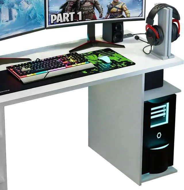 Alt view image 6 of 7 - Madesa Gaming Computer Desk with 5 Shelves, Cable Management and Large Monitor Stand, Wood, 24" D x 53" W x 29" H - White