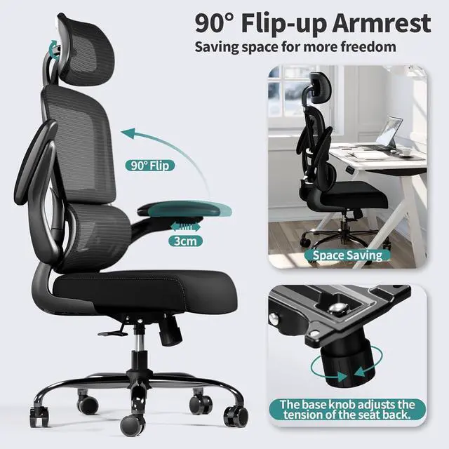 Alt view image 6 of 7 - TRALT Office Chair Ergonomic Desk Chair, 330 LBS Home Mesh Office Desk Chairs with Wheels, Comfortable Gaming Chair, High Back Office Chair for Long Hours (Black)