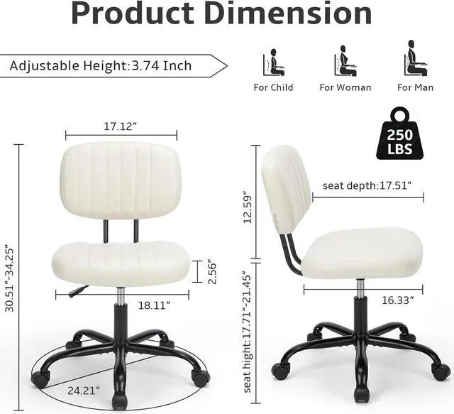 Alt view image 2 of 7 - Small Office Computer Desk Chair with Wheels and Lumbar Support, Comfy Cute Armlees PU Leather Vanity Rolling Swuvel Task Chair No Arm for Adult, Student