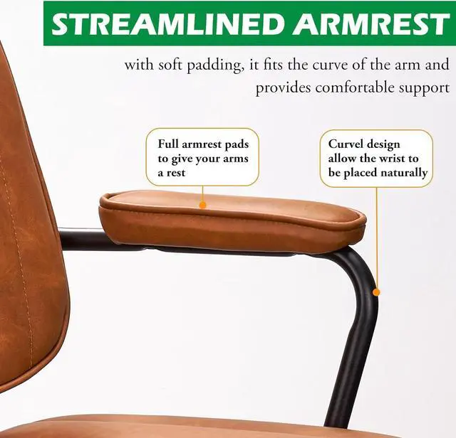 Alt view image 5 of 7 - Artswish Mid Century Office Chair Leather Desk Chair Brown Office Desk Chair Home Office Chair with Wheels and Arms