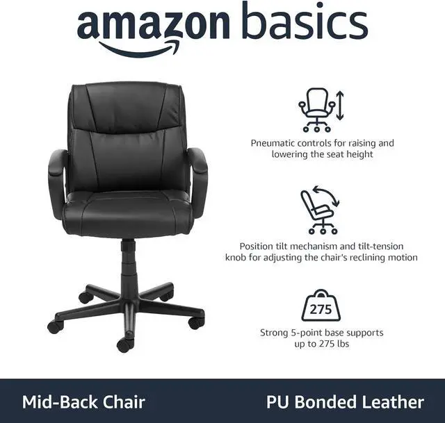 Alt view image 4 of 7 - Amazon Basics Classic Leather-Padded Mid-Back Office Desk Chair with Armrest - Black